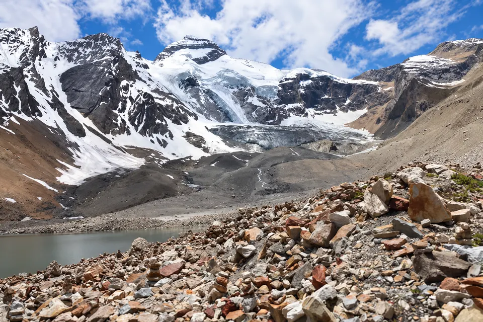 Snow-covered Adi Kailash rising above Parvati Kund, Uttarakhand